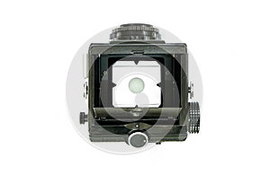 Top View of Twin Lens Reflex Camera or TLR Film Camera Isolate on White Background with White Background on Focus Screen