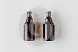 Top view of two beer bottles mockup