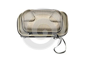 Top view of two closed metallic khaki carrying cases for drone body and remote control on white background