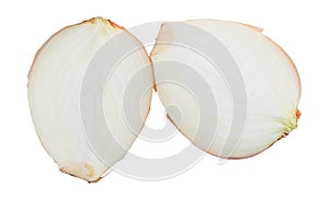 Top view of two halves of orange onion isolated on white background with clipping path