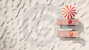 top view of two striped red and white sun loungers and umbrella standing on a white sand beach. minimalistic style with copy space