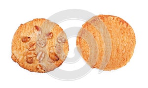 Top view of two whole wheat crisp, isolated on a white background. Bakery products. Sweet homemade vanilla cookies. Pastry.