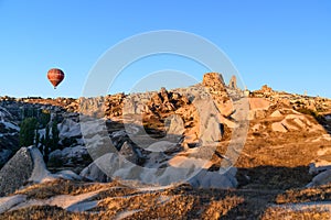 Top view of Uchisar town and castle at sunrise. Cappadocia. Turkey