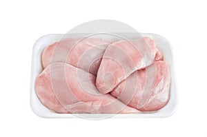 Top View of Uncooked Raw Chicken Breasts, Fillets in a White Foam Container Isolated On White Background. Organic Poultry Meat