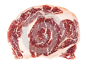 Top view of uncooked ribeye beef steak isolated