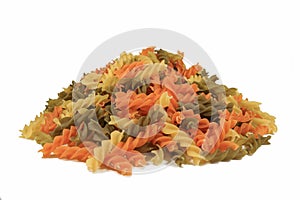 Top View of Uncooked Tricolor Fusilli, Three-Color Spiral Shaped Pasta