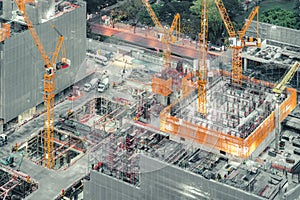 Top view of an under construction building site. Civil engineering, industrial development project, tower basement foundation infr