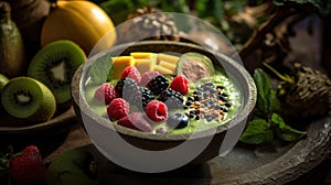 Top View Ungle Smoothie Bowl Exotic Greens Tropical Fruits Vibrant Styling on Selective Focus Background