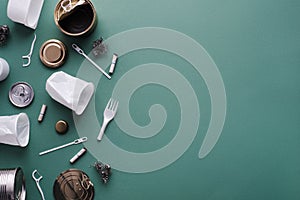 Top view of unsorted garbage containing plastic and cans