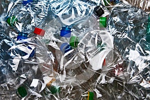 Top view of used plastic bottles background. Waste recycling and world environment day concept