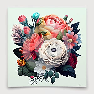 Top view on ?ute flat drawn peony bouquet on white background. Red, white, pink trendy and modern colorful flowers