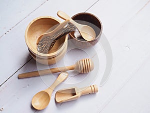 Top view of utensil wood handicraft dessert tableware set.