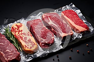 Top view of vacuum sealed dry aged meat cuts on black stone