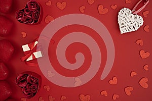 Top view of Valentine`s day decoration on red background