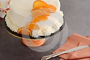 Top view vanilla cake with orange slices