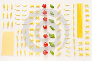 Top view variety of raw pasta