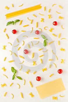 Top view variety of raw pasta