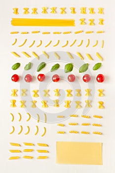 Top view variety of raw pasta