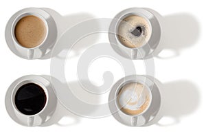 Top view of various coffee cups with shadows isolated on white