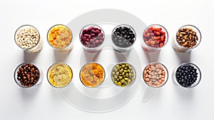 Top view of various colorful dried fruits, beans, and nuts arranged in a row. On white background. Concept of kitchen