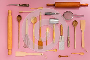 Top view of various kitchen utensils.