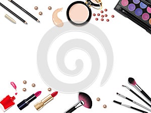 Top view of various make up accessories decorative cosmetics products. Workplace, cosmetics, lipstick, nail polish, mascara, face