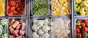 A top view of various raw ingredients neatly arranged in transparent containers, ideal for meal prep and dietary