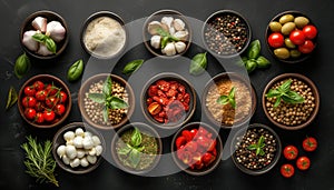 Top view of various spices and herbs in bowls on black background.