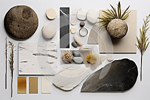 Top view of various stones and nature objects on bright background