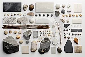 Top view of various stones and nature objects on bright background