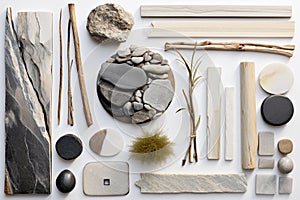 Top view of various stones and nature objects on bright background