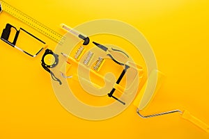 Top view of various work tools and ruler