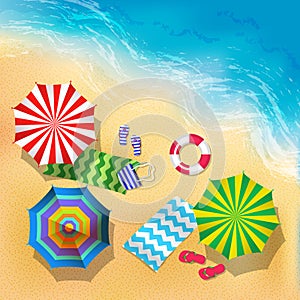 Top view vector illustration of beach, sand and umbrella. Summer background