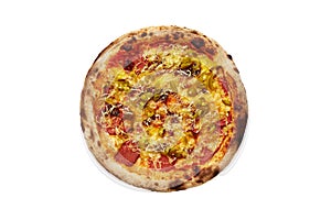 Top view of vegan pizza with soy sausage, pickled jalapeno and mozzarella isolated on white
