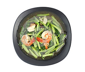 Top view of vegetable dish - stir fried green vegeable with shrimp