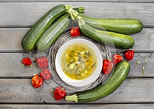 Top view of vegetable soup on wooden table