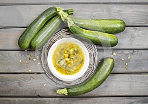 Top view of vegetable soup on wooden table