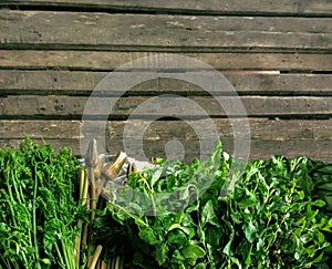 Top view, Vegetable on Wooden table with space