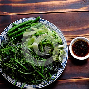 Top view vegetarian meal, boiled vegetables soy sauce and rice