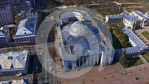 Top view of the Verkhovna Rada of Ukraine. Unicameral parliament of Ukraine in Kiev. Aerial footage