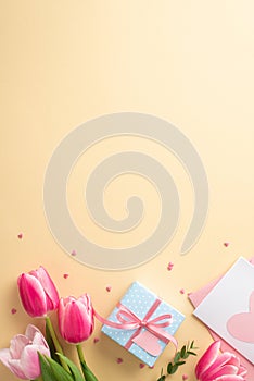 Top view vertical photo of pink tulips small blue giftbox envelope postcard and heart shaped sprinkles on pastel beige background