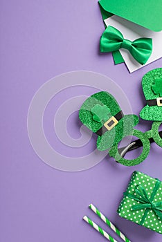 Top view vertical photo of st patricks day decorations hat shaped party glasses green bow-tie envelope with letter straws and