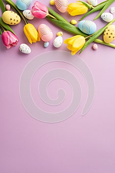 Top view vertical photo of yellow pink tulips and colorful easter eggs on isolated lilac background with copyspace