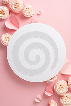 Top view vertical photograph of delicate roses and cute hearts arranged on pastel pink background