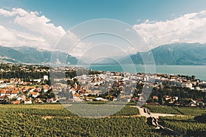 Top view on Vevey city and Lavaux vineyards