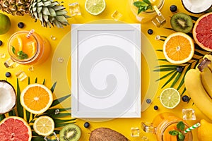 Top view vibrant flat lay photo of a citrus drink with orange, lemon, lime, and grapefruit on a stylish yellow background