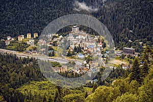 Top view of a village in a Dombay mountains Karachay-Cherkessia Russia