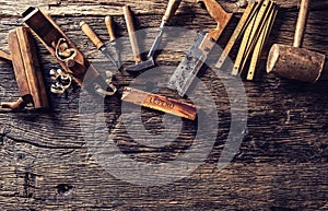 Top of view vintage carpenter tools in a carpentry workshop