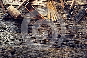 Top of view vintage carpenter tools in a carpentry workshop