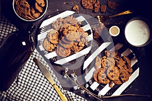 top view of vintage food dinner cookies biscuit sweet dessert bakery with decoration prop on wood table